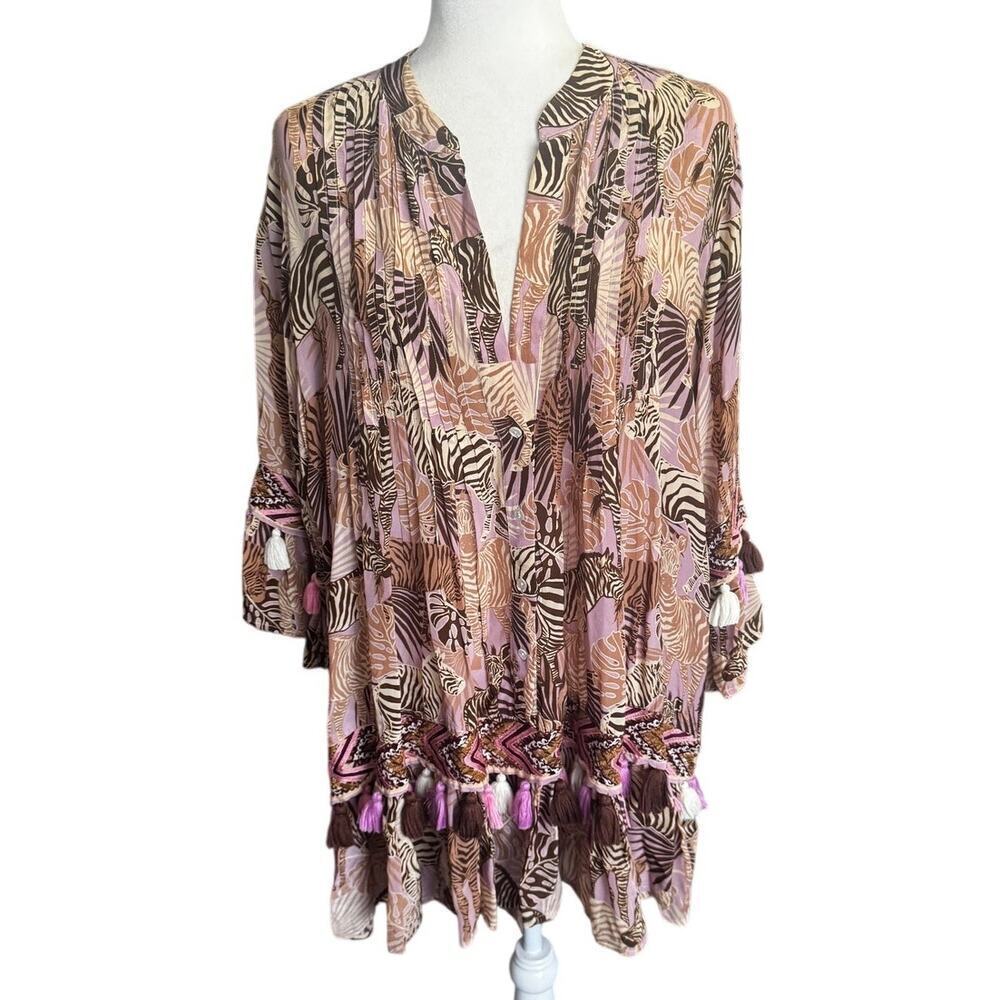 TAJ Sabrina Crippa Zebra Jungle Print Tassel Boho Festival Mini Dress Safari XS
